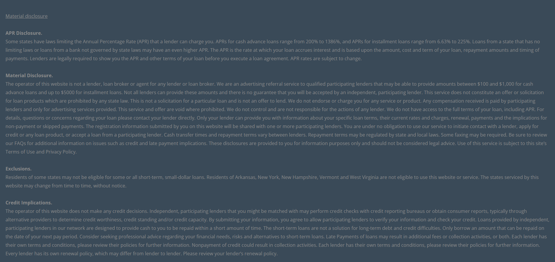 Material disclosure for payday loans in San Diego California